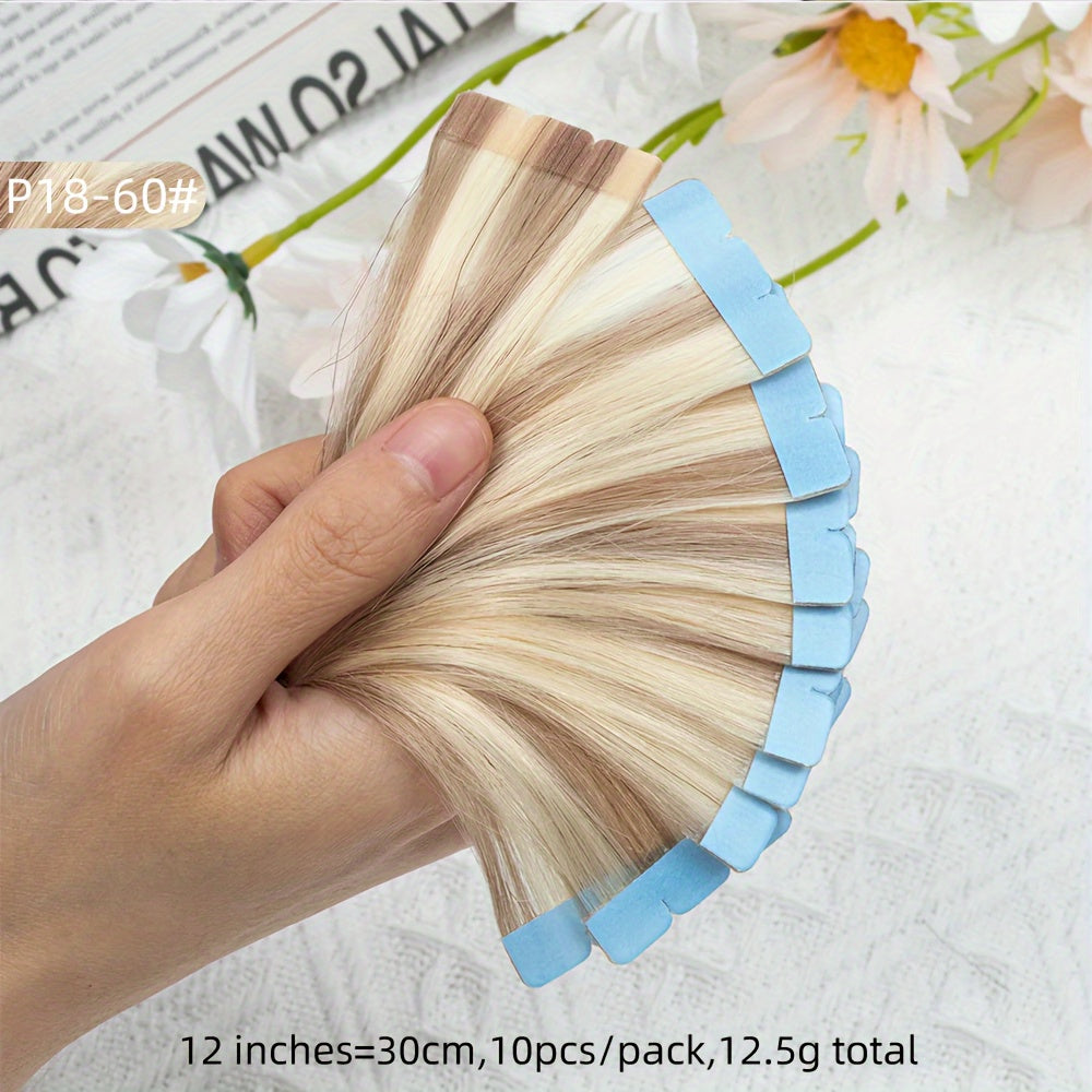 Mini Human Hair Extensions - Double Side Invisible Tape, Natural Straight, 10pcs/set, Black/Brown/Blonde, 12-24 inches