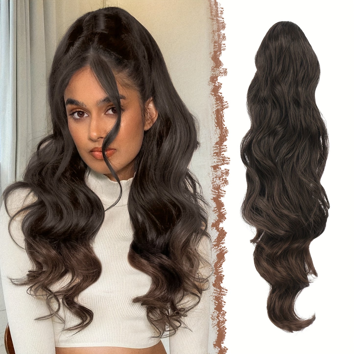 FESHFEN Long Ponytail Extension Curly Wavy Clip In Synthetic Hairpieces Drawstring Ponytail Pony Tail Hairpiece Hair Pony Extension For Women Girls