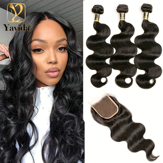 3+1 Bonus Body Wave Human Hair Bundles with HD Lace Closure - Brazilian Virgin Hair, 4x4 Free Part, Natural Black, Voluminous Body Wave Curl, for African American Women - Everyday & Special Events, Styling Versatility, Elegant Hairdo