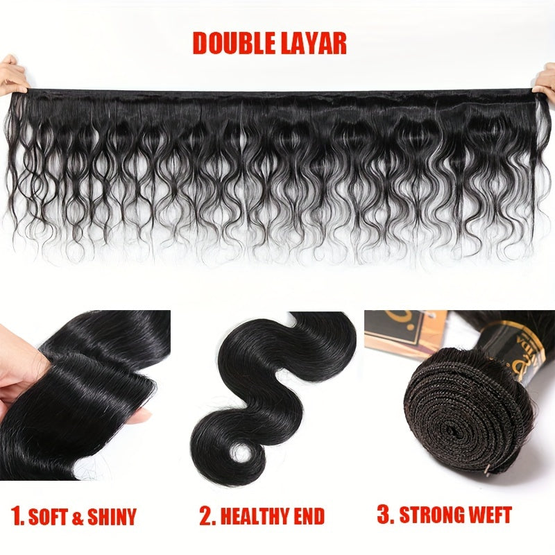 3+1 Bonus Body Wave Human Hair Bundles with HD Lace Closure - Brazilian Virgin Hair, 4x4 Free Part, Natural Black, Voluminous Body Wave Curl, for African American Women - Everyday & Special Events, Styling Versatility, Elegant Hairdo