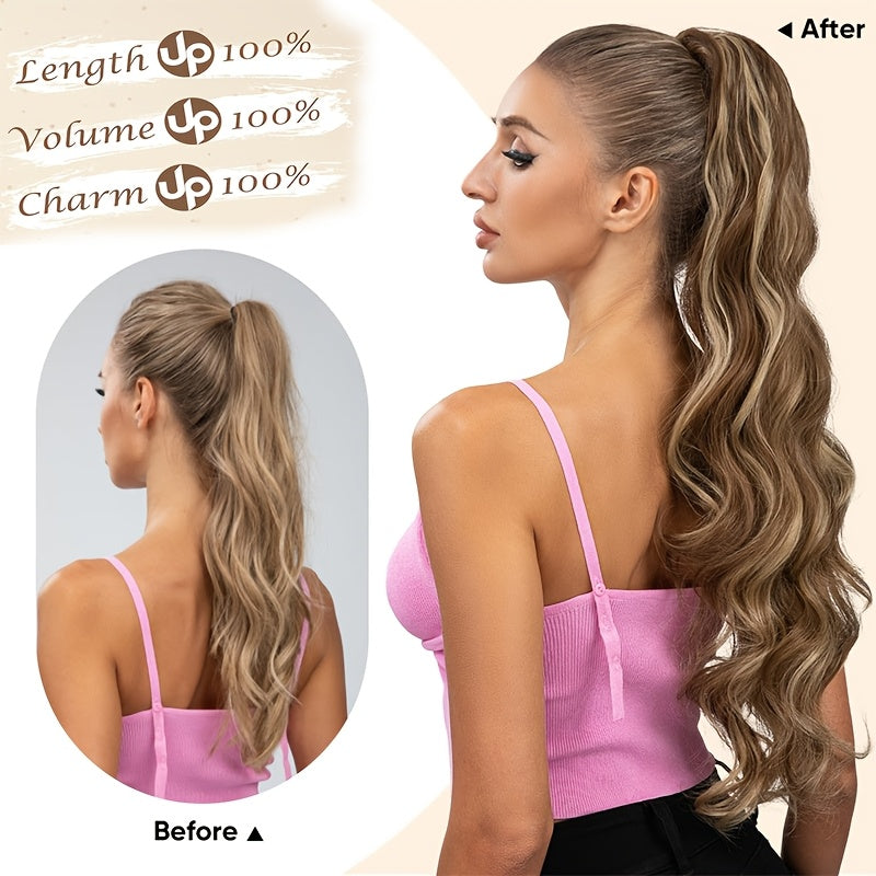 Long Curly Wavy Hair Piece Synthetic Pony Tail Extensions For Women Highlight Balayage
