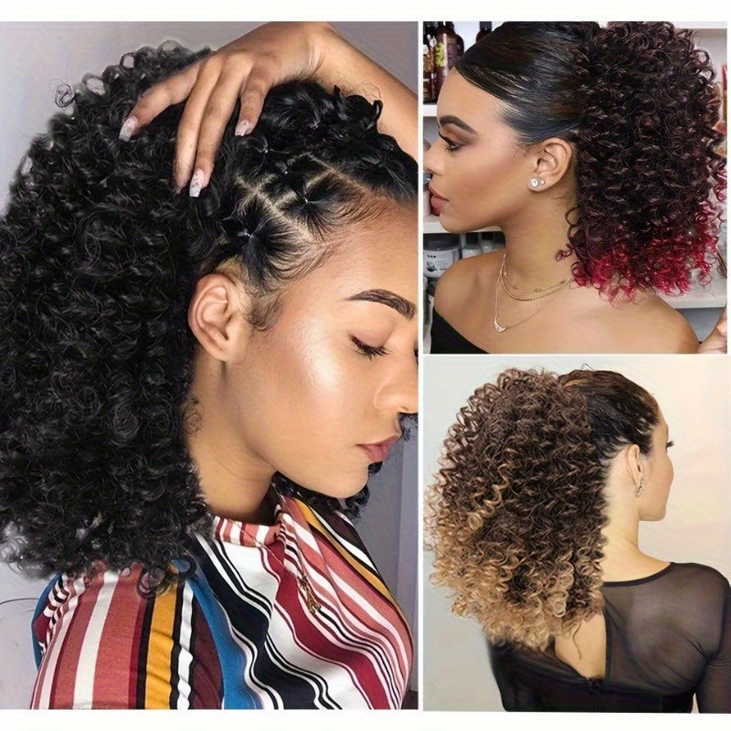 4-inch Women's curly ponytail extension - voluminous synthetic African curly hair drawstring ponytail, comes with two clips, natural black curls, suitable for fashionable buns, ponytail extensions