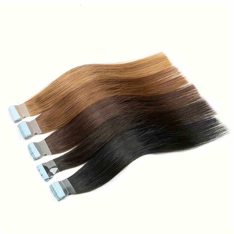 Mini Human Hair Extensions - Double Side Invisible Tape, Natural Straight, 10pcs/set, Black/Brown/Blonde, 12-24 inches