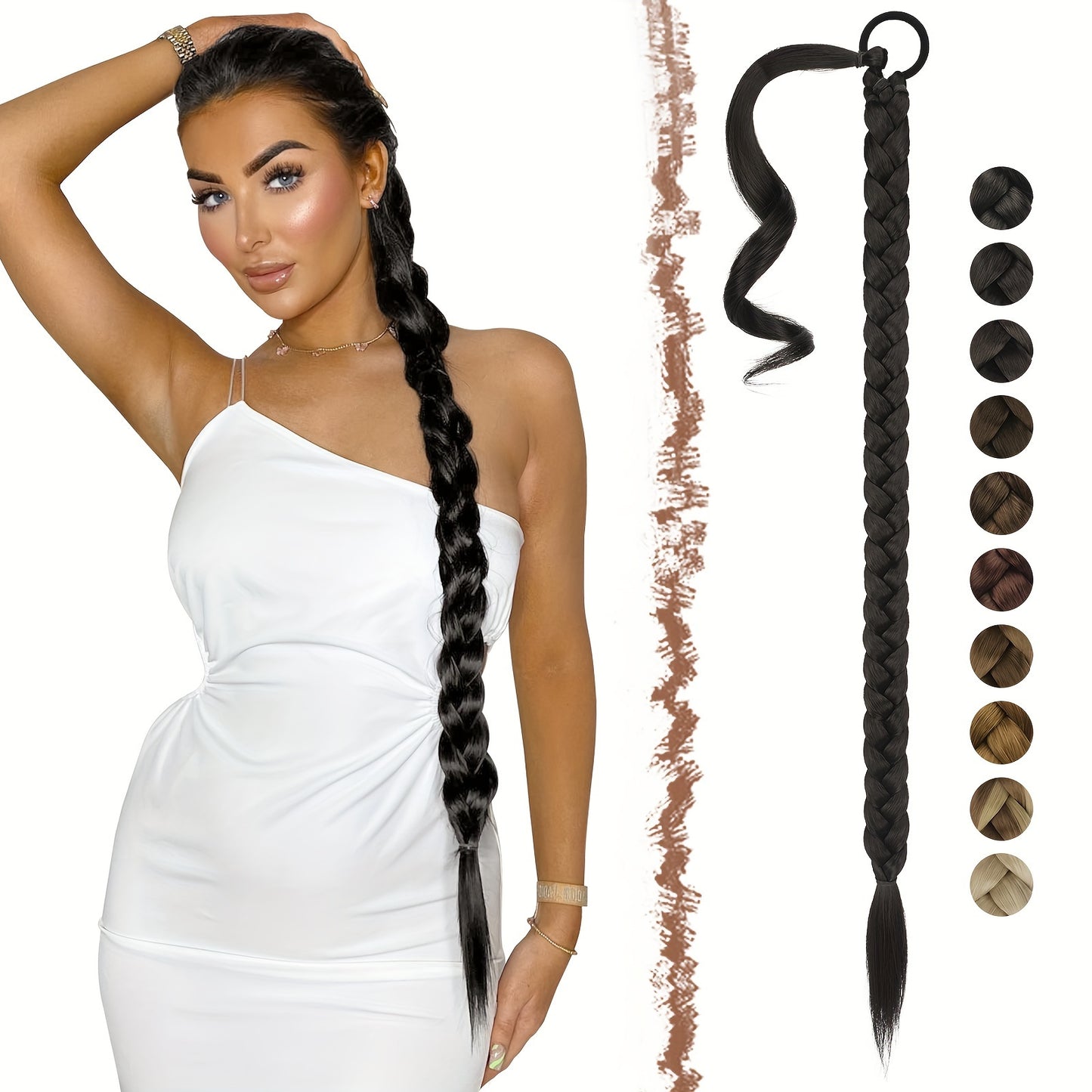 FESHFEN Long Braided Ponytail Extension with Hair Tie, Straight Wrap Around Hair Piece Ponytails for Women Syntheti Pony Hairpieces for Daily Wear