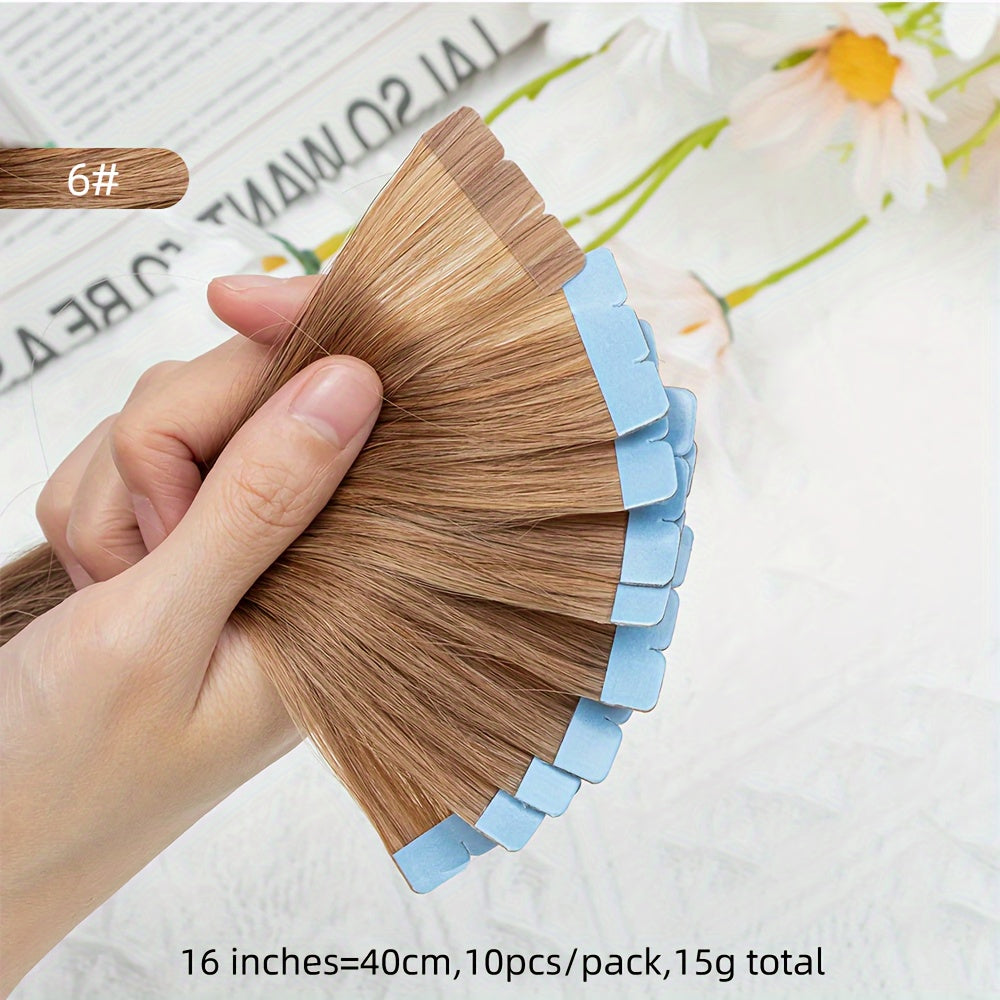 Mini Human Hair Extensions - Double Side Invisible Tape, Natural Straight, 10pcs/set, Black/Brown/Blonde, 12-24 inches