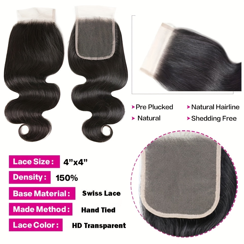 Body Wave Bundles With Closure Human Hair Human Hair Bundles With Closure 100% Brazilian Virgin Body Wave 3 Bundles Human Hair With 4x4 Lace Closure Natural Black