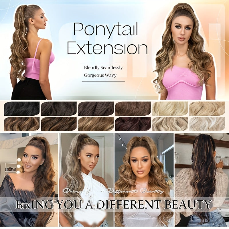 Long Curly Wavy Hair Piece Synthetic Pony Tail Extensions For Women Highlight Balayage