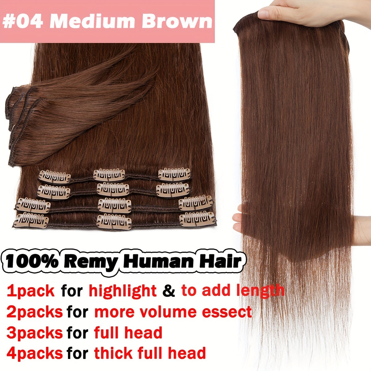 16-24Inch Clip Hair 100% Remy Human Hair Extensions 8 Pieces Full Head Long Short Standard Wefts Soft & Natural Hair Extensions
