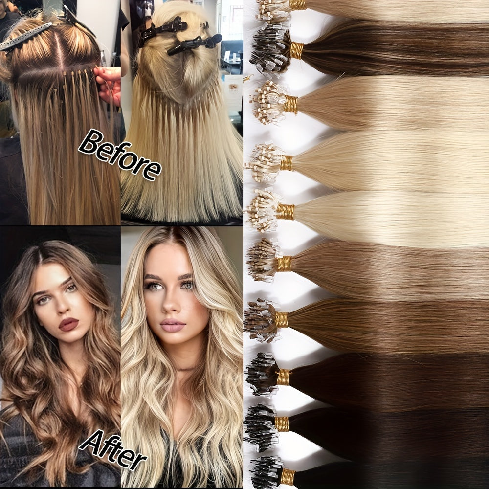 50 Strands Invisible Micro Loop Hair Extensions - 100% Human Hair, 50g Pack, Straight Hair with Nano Beads for Fuller, Longer Hair - Perfect for Women of All Ethnicities, Hair Volume Enhancement | Versatile Hair Styling | Secure Loop Design