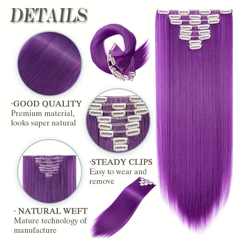 8pcs Clip In Hair Extensions Long Straight Thick Synthetic Hairpieces 22inch/55cm Silk Fiber Double Weft Natural Curly 8pieces/Set Hair Piece Highlight Mix Pure Colors For Women Daily Party Halloween Xmas