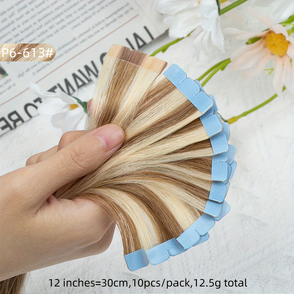 Mini Human Hair Extensions - Double Side Invisible Tape, Natural Straight, 10pcs/set, Black/Brown/Blonde, 12-24 inches