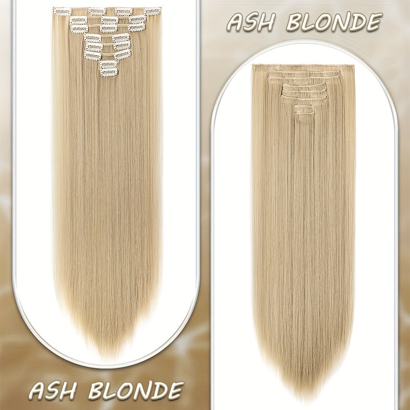 8pcs Clip In Hair Extensions Long Straight Thick Synthetic Hairpieces 22inch/55cm Silk Fiber Double Weft Natural Curly 8pieces/Set Hair Piece Highlight Mix Pure Colors For Women Daily Party Halloween Xmas