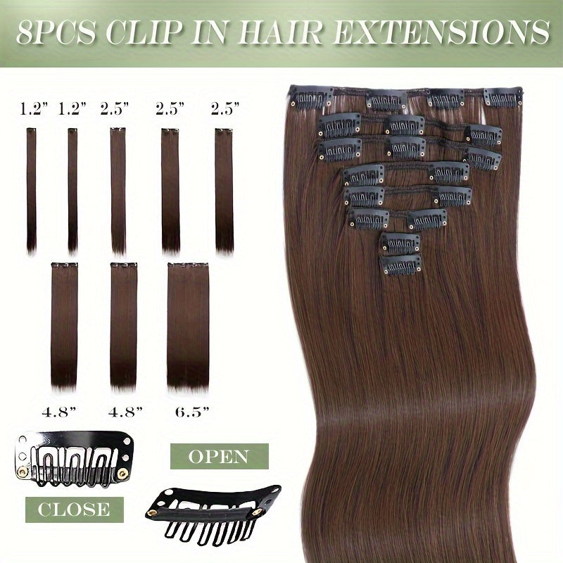 8pcs Clip In Hair Extensions Long Straight Thick Synthetic Hairpieces 22inch/55cm Silk Fiber Double Weft Natural Curly 8pieces/Set Hair Piece Highlight Mix Pure Colors For Women Daily Party Halloween Xmas