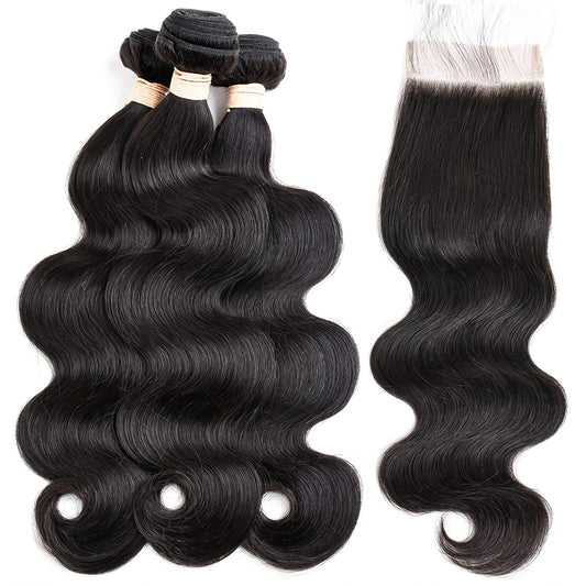 Brazilian Body Wave Virgin Human Hair Bundles With Lace Closure Human Hair Unprocessed Body Wave Hair Bundles With Closure 4X4 Lace Free Part Natural Black Hair