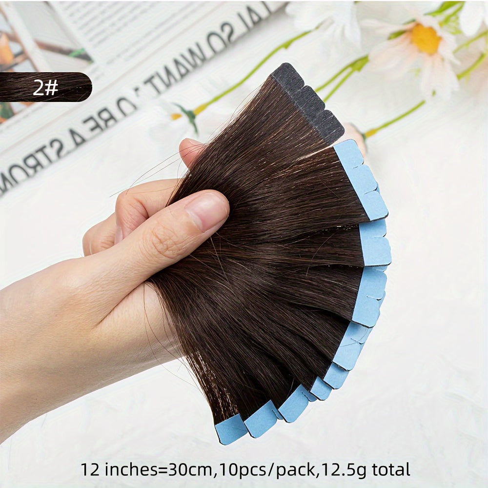 Mini Human Hair Extensions - Double Side Invisible Tape, Natural Straight, 10pcs/set, Black/Brown/Blonde, 12-24 inches