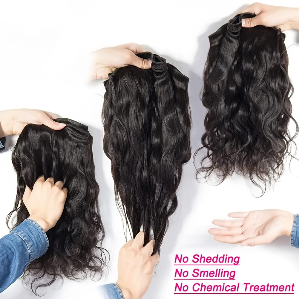 Body Wave Bundles With Closure Human Hair Human Hair Bundles With Closure 100% Brazilian Virgin Body Wave 3 Bundles Human Hair With 4x4 Lace Closure Natural Black