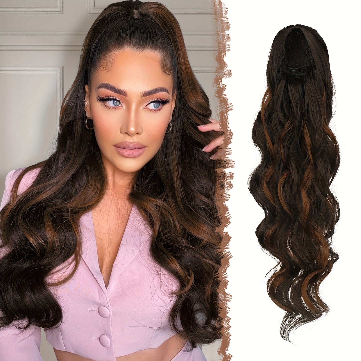 FESHFEN Long Ponytail Extension Curly Wavy Clip In Synthetic Hairpieces Drawstring Ponytail Pony Tail Hairpiece Hair Pony Extension For Women Girls