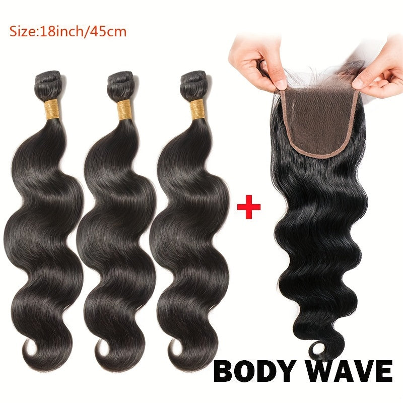 3+1 Bonus Body Wave Human Hair Bundles with HD Lace Closure - Brazilian Virgin Hair, 4x4 Free Part, Natural Black, Voluminous Body Wave Curl, for African American Women - Everyday & Special Events, Styling Versatility, Elegant Hairdo