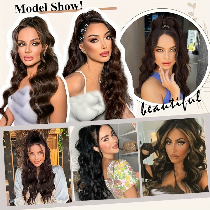 Long Curly Wavy Hair Piece Synthetic Pony Tail Extensions For Women Highlight Balayage