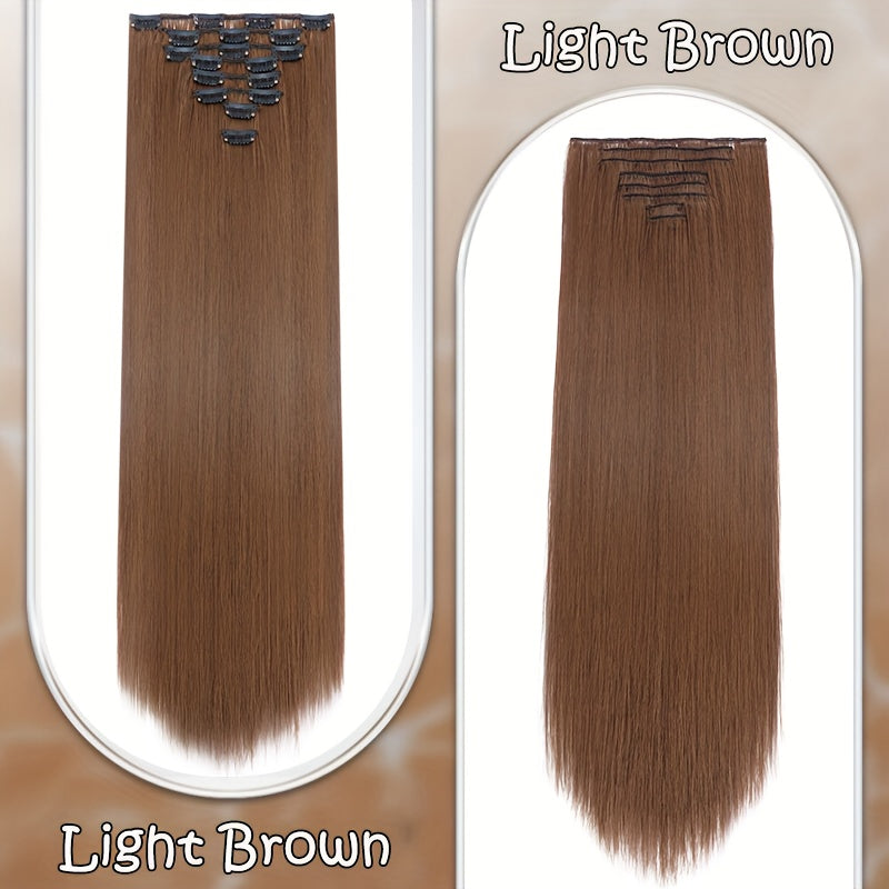 8pcs Clip In Hair Extensions Long Straight Thick Synthetic Hairpieces 22inch/55cm Silk Fiber Double Weft Natural Curly 8pieces/Set Hair Piece Highlight Mix Pure Colors For Women Daily Party Halloween Xmas