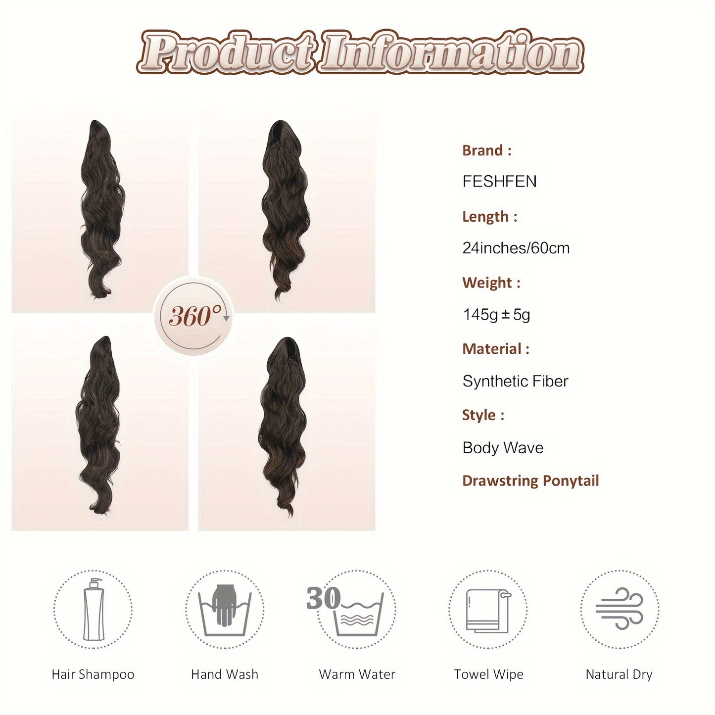 FESHFEN Long Ponytail Extension Curly Wavy Clip In Synthetic Hairpieces Drawstring Ponytail Pony Tail Hairpiece Hair Pony Extension For Women Girls
