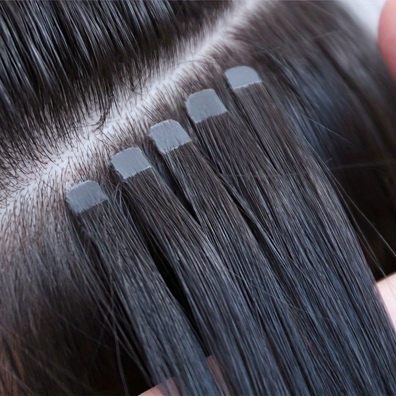 Mini Human Hair Extensions - Double Side Invisible Tape, Natural Straight, 10pcs/set, Black/Brown/Blonde, 12-24 inches