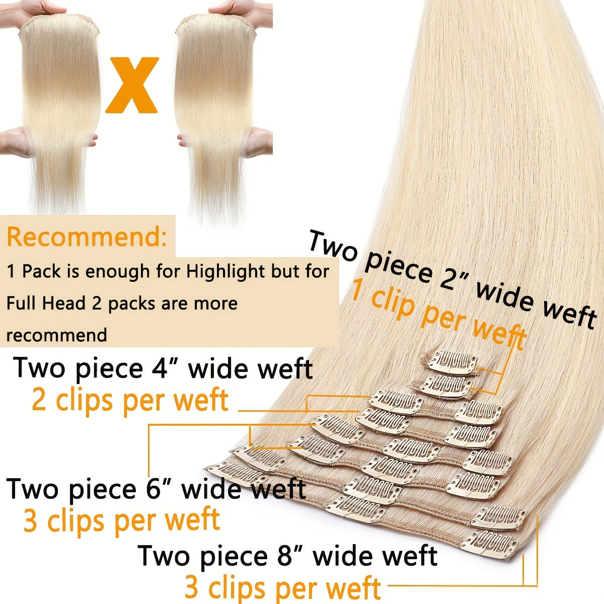 16-24Inch Clip Hair 100% Remy Human Hair Extensions 8 Pieces Full Head Long Short Standard Wefts Soft & Natural Hair Extensions