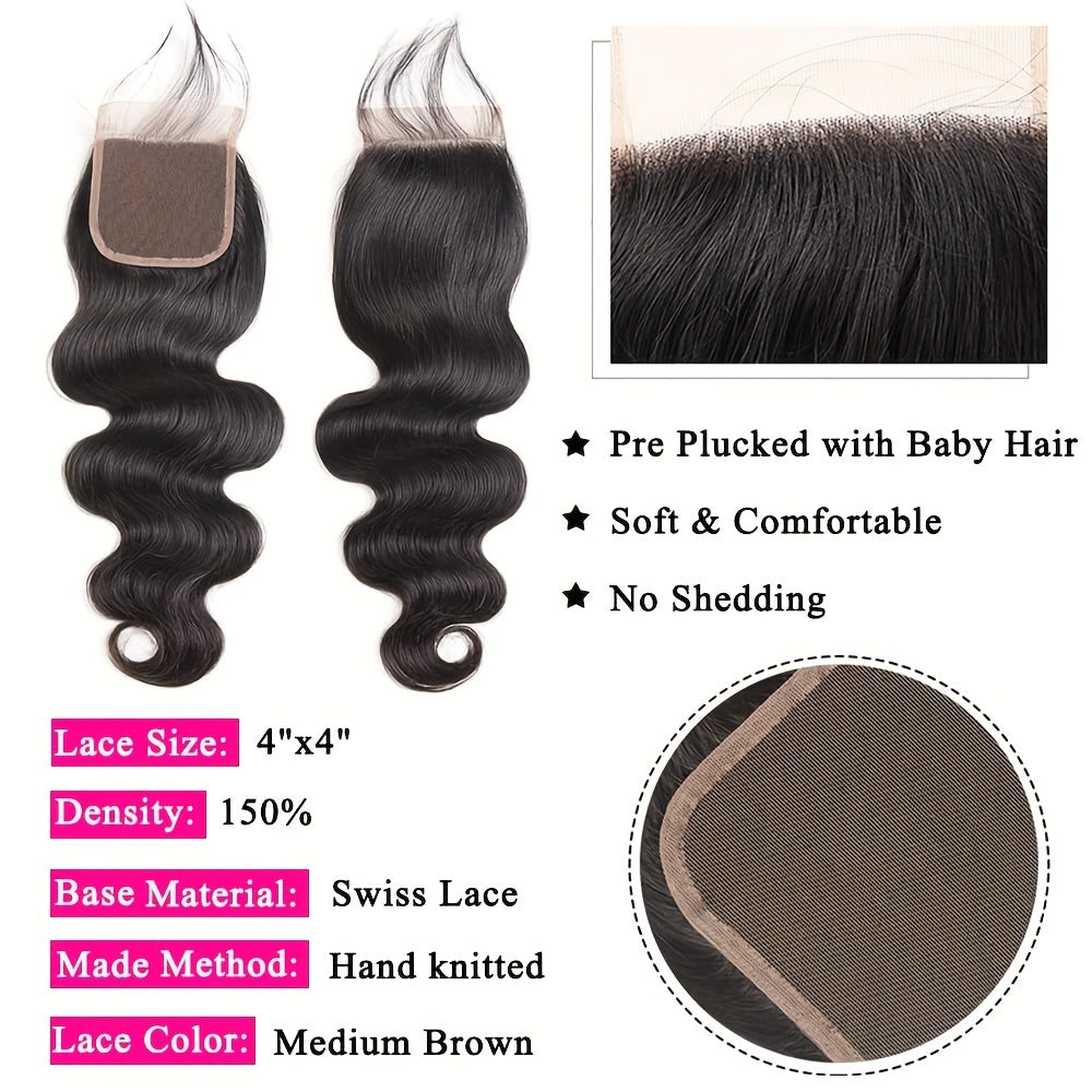 3+1 Bonus Body Wave Human Hair Bundles with HD Lace Closure - Brazilian Virgin Hair, 4x4 Free Part, Natural Black, Voluminous Body Wave Curl, for African American Women - Everyday & Special Events, Styling Versatility, Elegant Hairdo