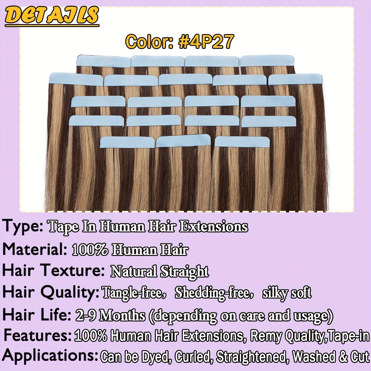 20PCS/50G Tape In 100% Human Hair Extensions Seamless Skin Weft Smooth Remy Hair Full Head 16/18/20Inch Long Straight Feel Soft & Natural Looking Mix Color