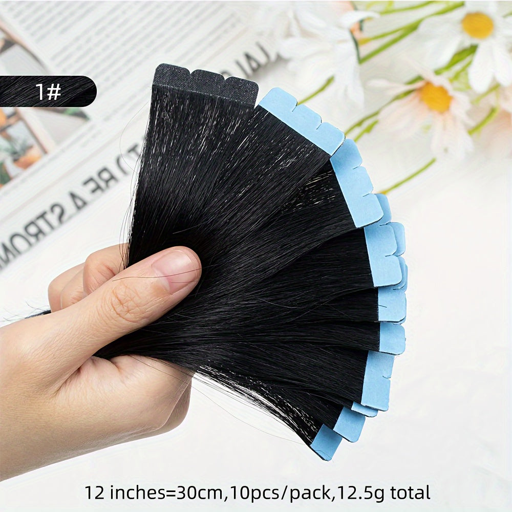Mini Human Hair Extensions - Double Side Invisible Tape, Natural Straight, 10pcs/set, Black/Brown/Blonde, 12-24 inches