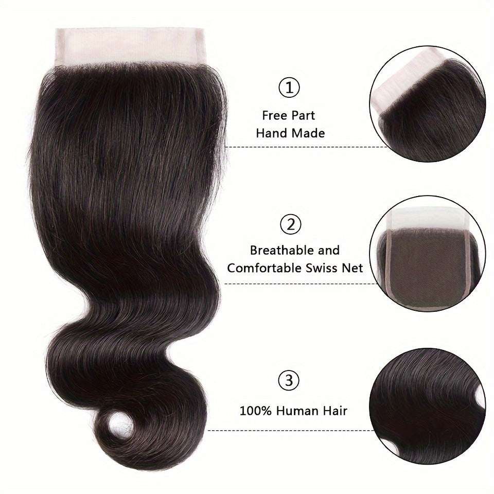 3+1 Bonus Body Wave Human Hair Bundles with HD Lace Closure - Brazilian Virgin Hair, 4x4 Free Part, Natural Black, Voluminous Body Wave Curl, for African American Women - Everyday & Special Events, Styling Versatility, Elegant Hairdo