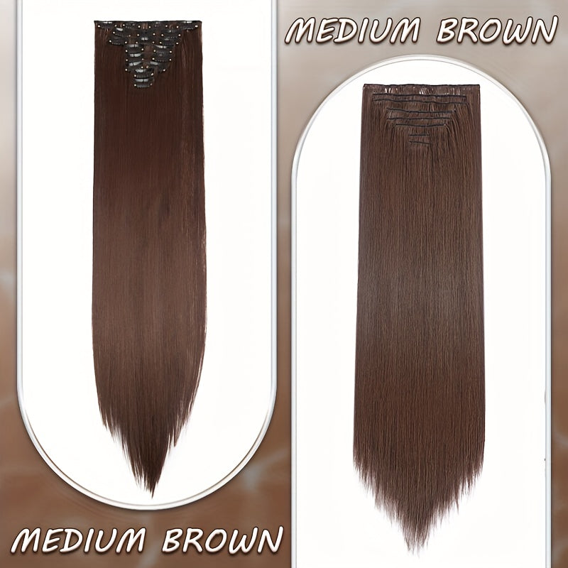 8pcs Clip In Hair Extensions Long Straight Thick Synthetic Hairpieces 22inch/55cm Silk Fiber Double Weft Natural Curly 8pieces/Set Hair Piece Highlight Mix Pure Colors For Women Daily Party Halloween Xmas