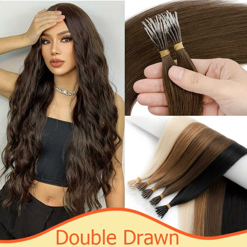 Elastic LinkDouble Drawn Human Hair Extensions I Tip Nano Ring Beads Remy Hair Extensions 50g/Pack 100% HUman Hair