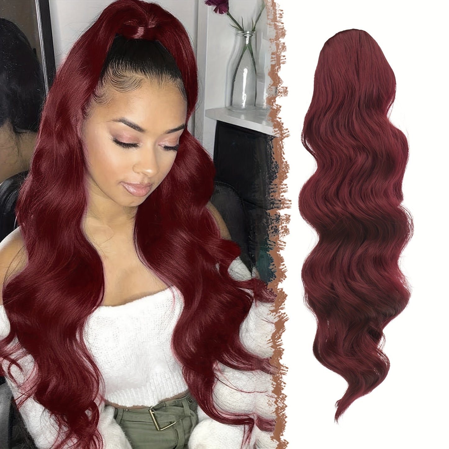 FESHFEN Long Ponytail Extension Curly Wavy Clip In Synthetic Hairpieces Drawstring Ponytail Pony Tail Hairpiece Hair Pony Extension For Women Girls