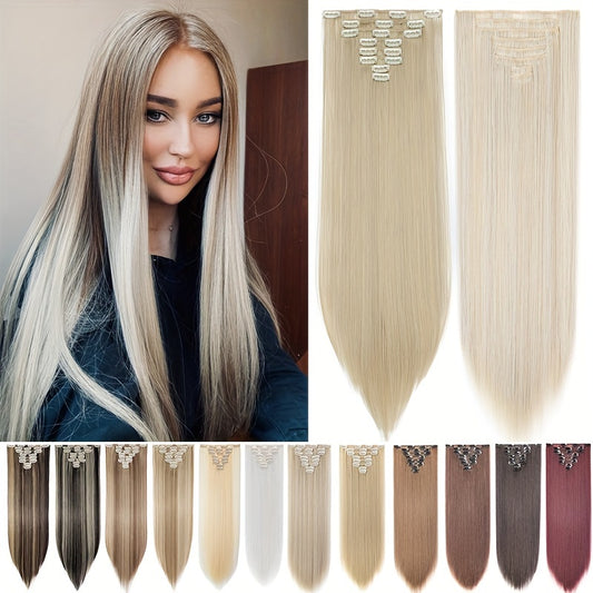 8pcs Clip In Hair Extensions Long Straight Thick Synthetic Hairpieces 22inch/55cm Silk Fiber Double Weft Natural Curly 8pieces/Set Hair Piece Highlight Mix Pure Colors For Women Daily Party Halloween Xmas