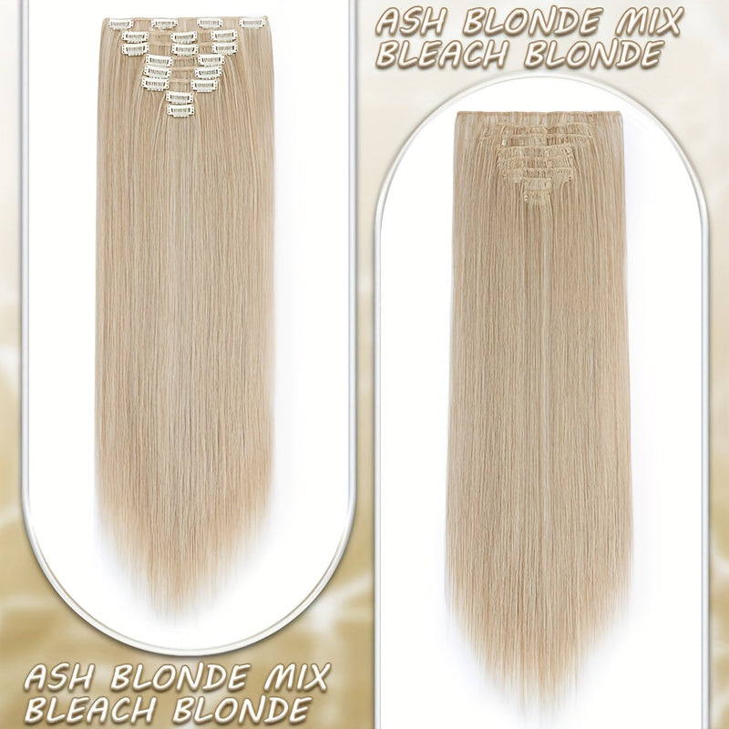 8pcs Clip In Hair Extensions Long Straight Thick Synthetic Hairpieces 22inch/55cm Silk Fiber Double Weft Natural Curly 8pieces/Set Hair Piece Highlight Mix Pure Colors For Women Daily Party Halloween Xmas