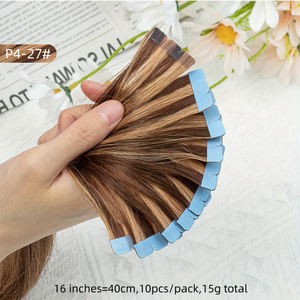 Mini Human Hair Extensions - Double Side Invisible Tape, Natural Straight, 10pcs/set, Black/Brown/Blonde, 12-24 inches