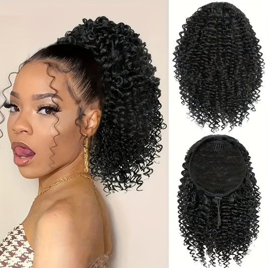 4-inch Women's curly ponytail extension - voluminous synthetic African curly hair drawstring ponytail, comes with two clips, natural black curls, suitable for fashionable buns, ponytail extensions