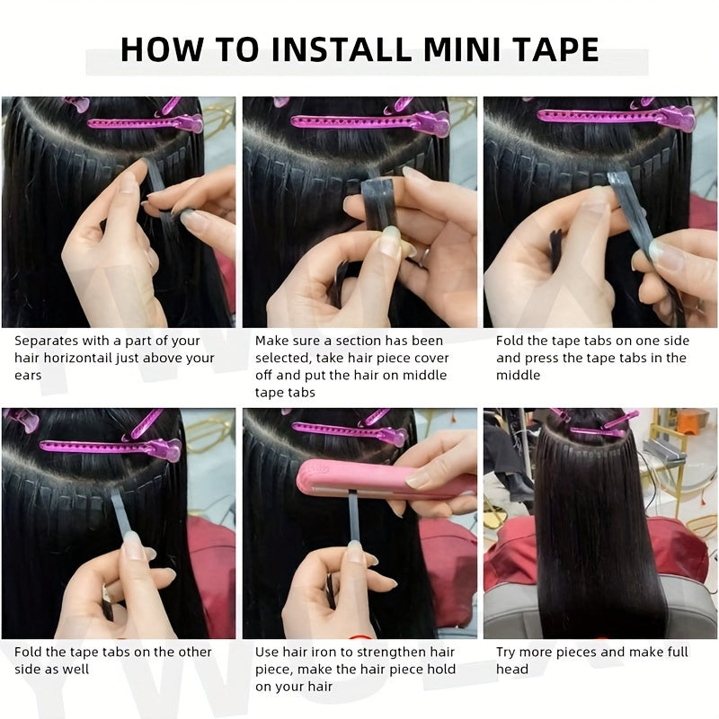 Mini Human Hair Extensions - Double Side Invisible Tape, Natural Straight, 10pcs/set, Black/Brown/Blonde, 12-24 inches