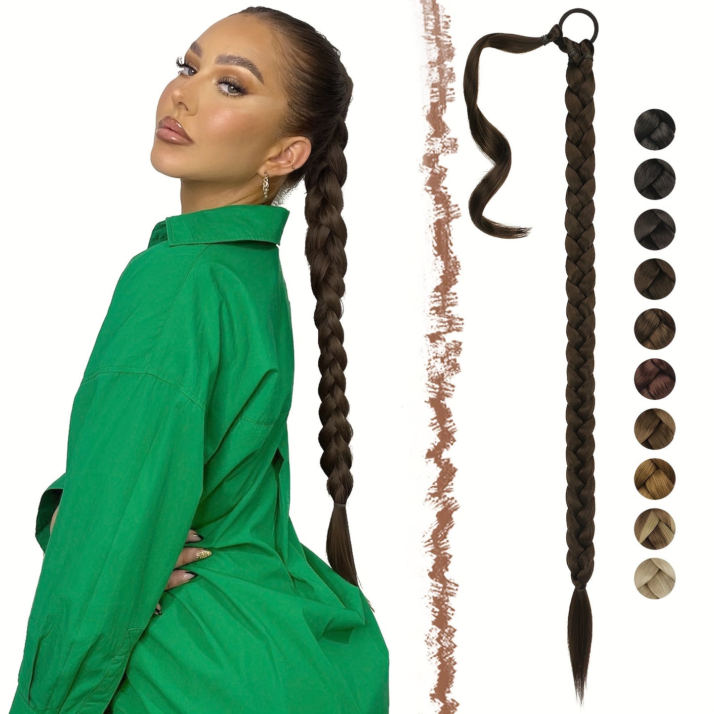 FESHFEN Long Braided Ponytail Extension with Hair Tie, Straight Wrap Around Hair Piece Ponytails for Women Syntheti Pony Hairpieces for Daily Wear