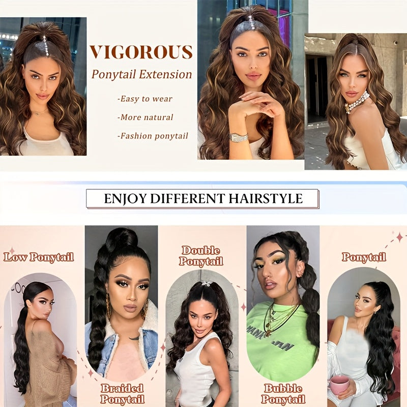 Long Curly Wavy Hair Piece Synthetic Pony Tail Extensions For Women Highlight Balayage