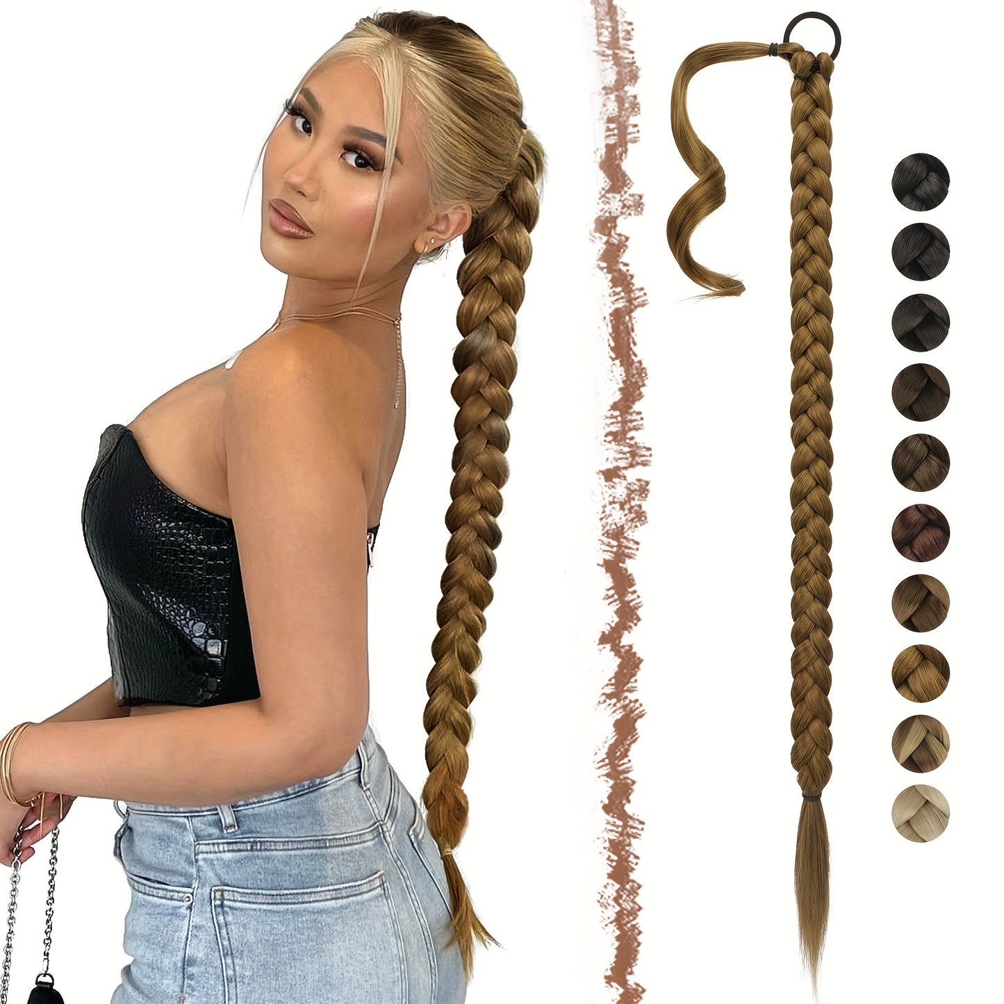 FESHFEN Long Braided Ponytail Extension with Hair Tie, Straight Wrap Around Hair Piece Ponytails for Women Syntheti Pony Hairpieces for Daily Wear