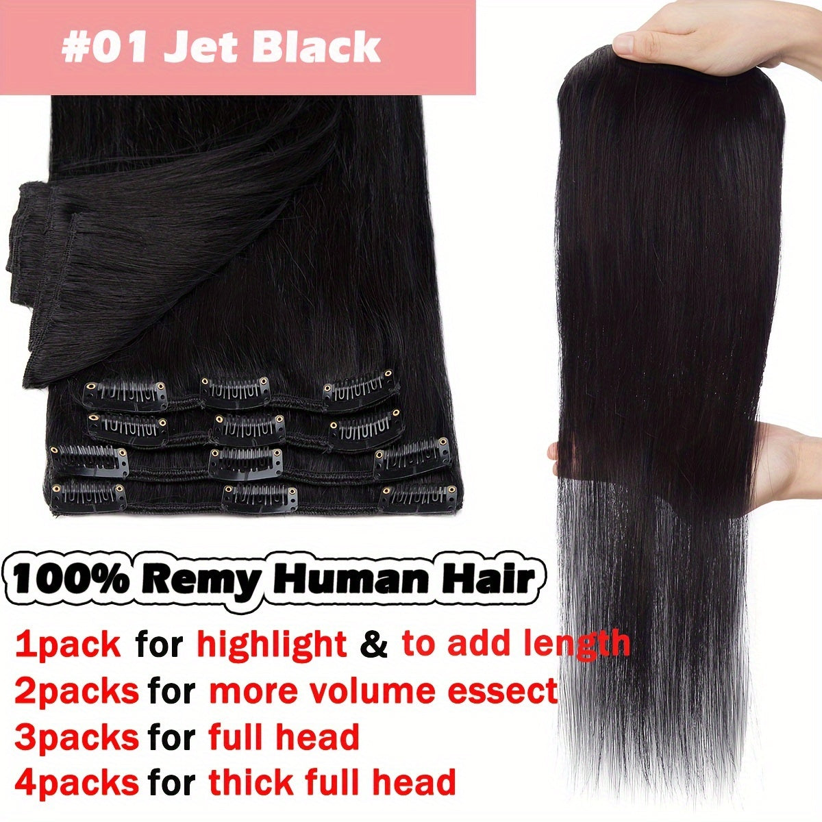 16-24Inch Clip Hair 100% Remy Human Hair Extensions 8 Pieces Full Head Long Short Standard Wefts Soft & Natural Hair Extensions