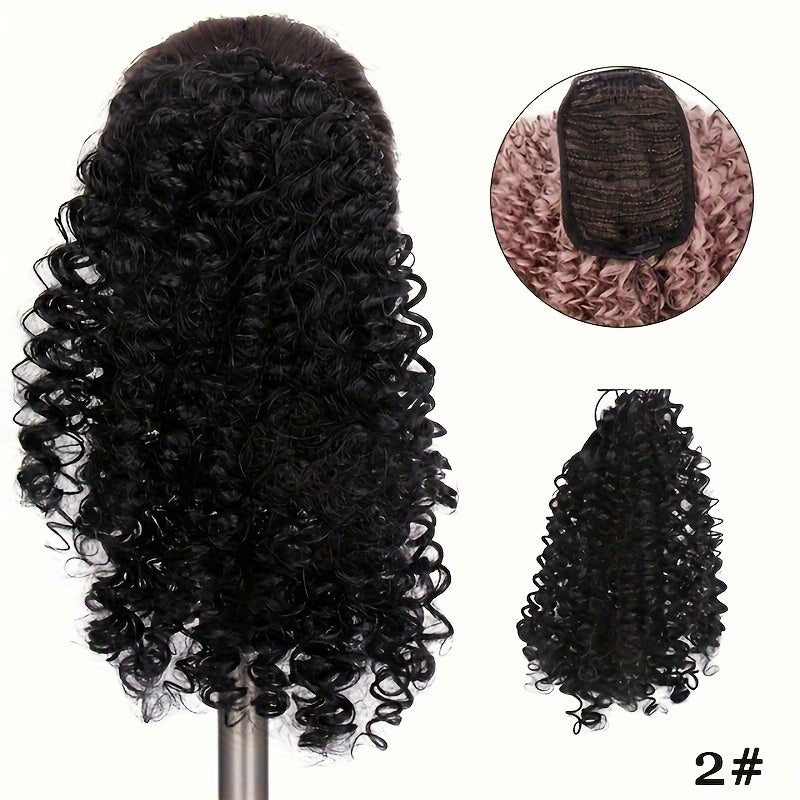 4-inch Women's curly ponytail extension - voluminous synthetic African curly hair drawstring ponytail, comes with two clips, natural black curls, suitable for fashionable buns, ponytail extensions