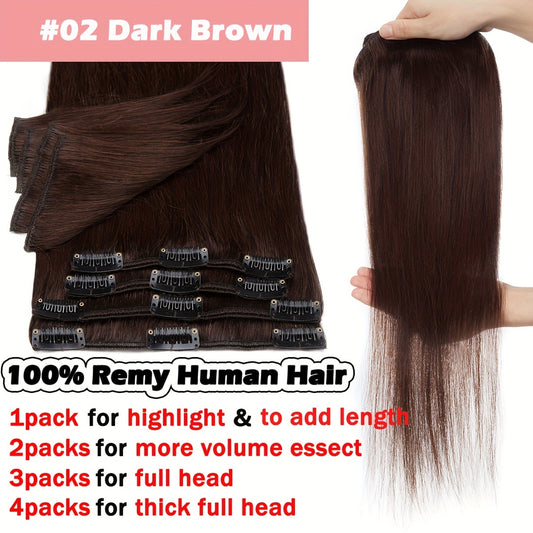 16-24Inch Clip Hair 100% Remy Human Hair Extensions 8 Pieces Full Head Long Short Standard Wefts Soft & Natural Hair Extensions