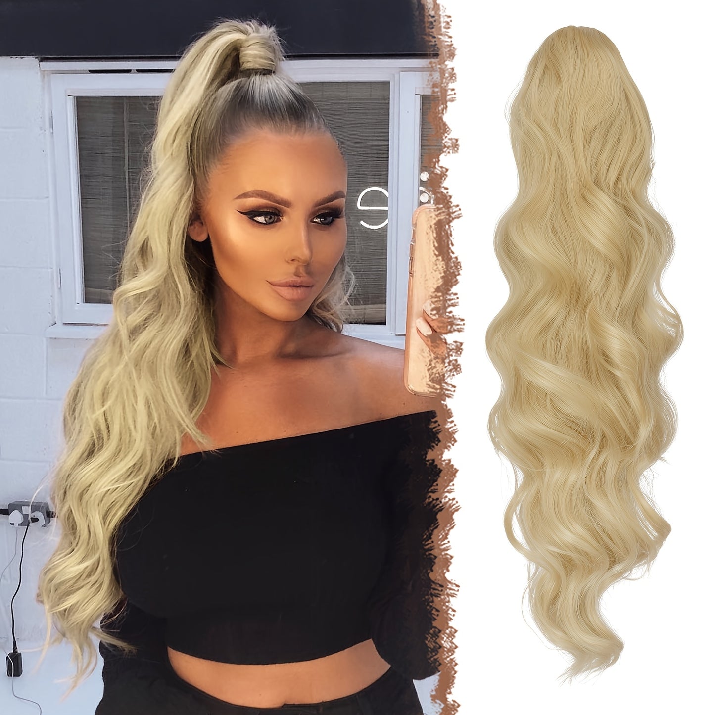 FESHFEN Long Ponytail Extension Curly Wavy Clip In Synthetic Hairpieces Drawstring Ponytail Pony Tail Hairpiece Hair Pony Extension For Women Girls