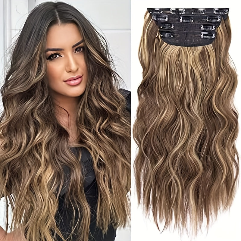 [Wavy Hair Extensions] Set of 4 Wavy And Curly Clip-In Hair Extensions with Highlights, 22 Inches Long, 180G Synthetic Hairpieces for Women, Perfect for Halloween And Christmas Hair Accessories