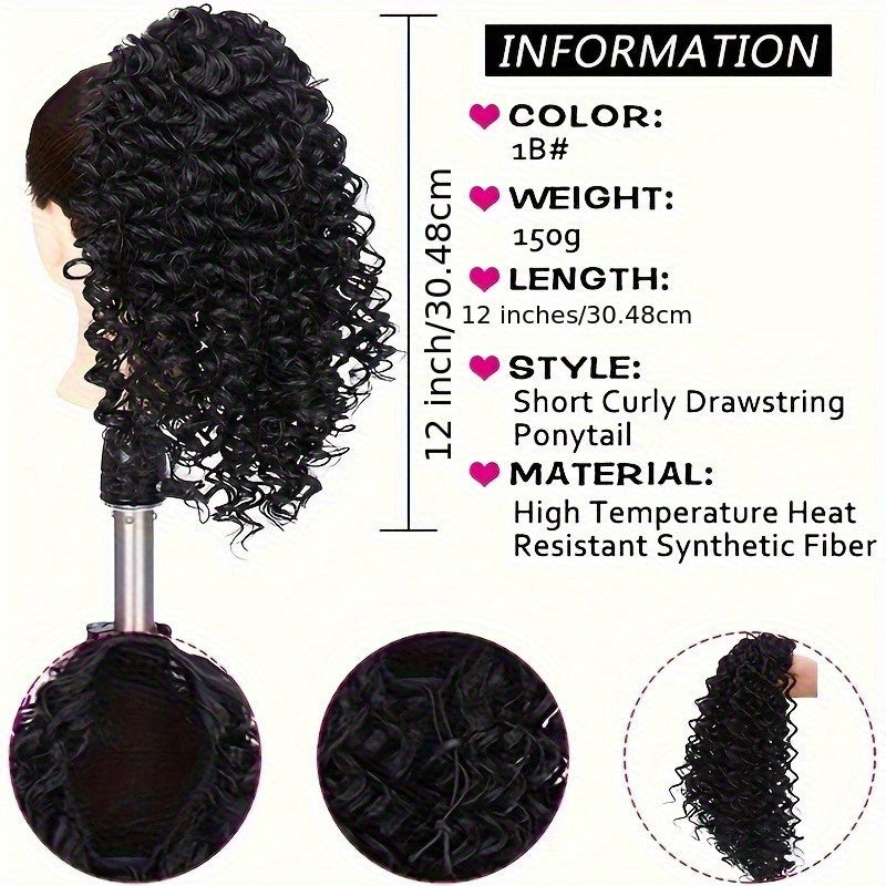 4-inch Women's curly ponytail extension - voluminous synthetic African curly hair drawstring ponytail, comes with two clips, natural black curls, suitable for fashionable buns, ponytail extensions