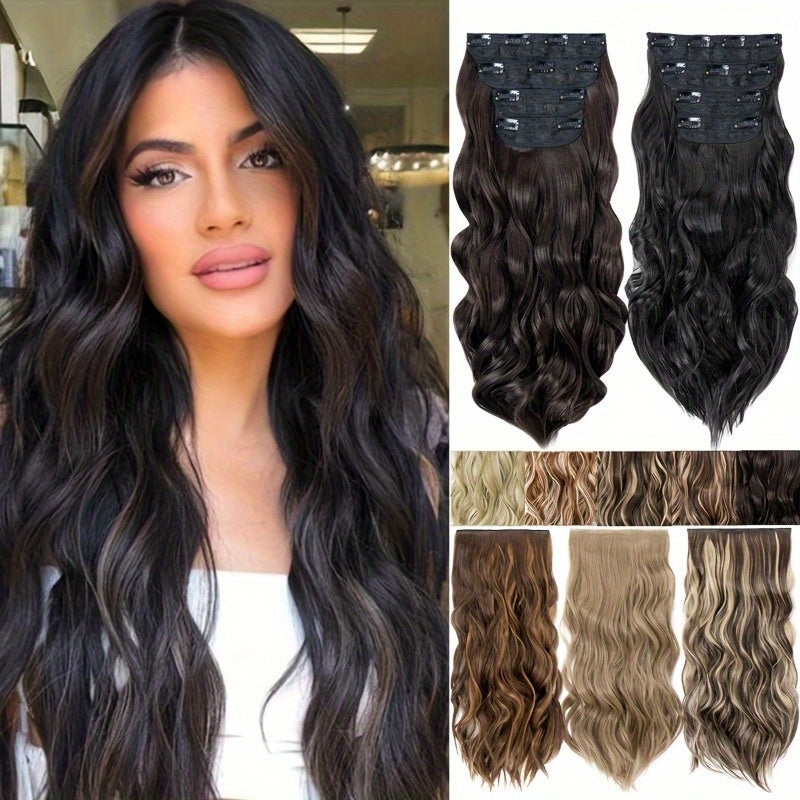 [Wavy Hair Extensions] Set of 4 Wavy And Curly Clip-In Hair Extensions with Highlights, 22 Inches Long, 180G Synthetic Hairpieces for Women, Perfect for Halloween And Christmas Hair Accessories