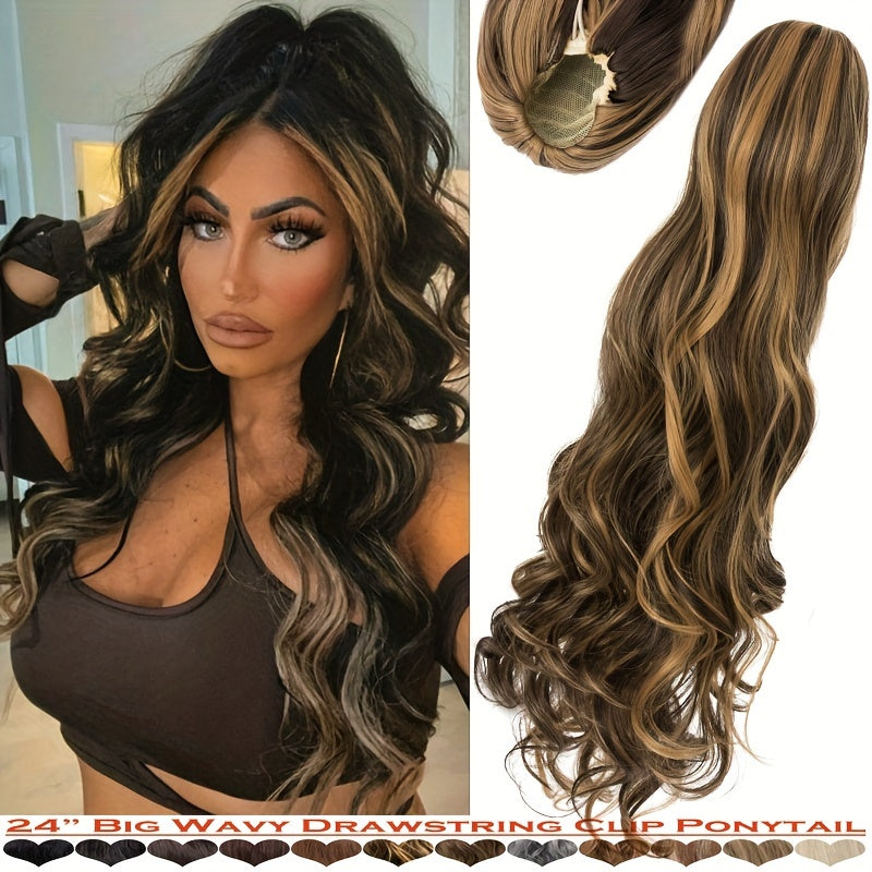 Long Curly Wavy Hair Piece Synthetic Pony Tail Extensions For Women Highlight Balayage
